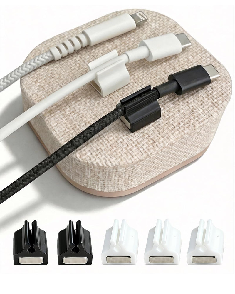Magnetic Cord Holder, 5 Cable Clips, Desk & Nightstand Organizer | 2-In-1 Cable Management, Holds Up to 5 Cables, Anti-slip Base, Charging Accessory for Home, Office & Gift Giving Beige