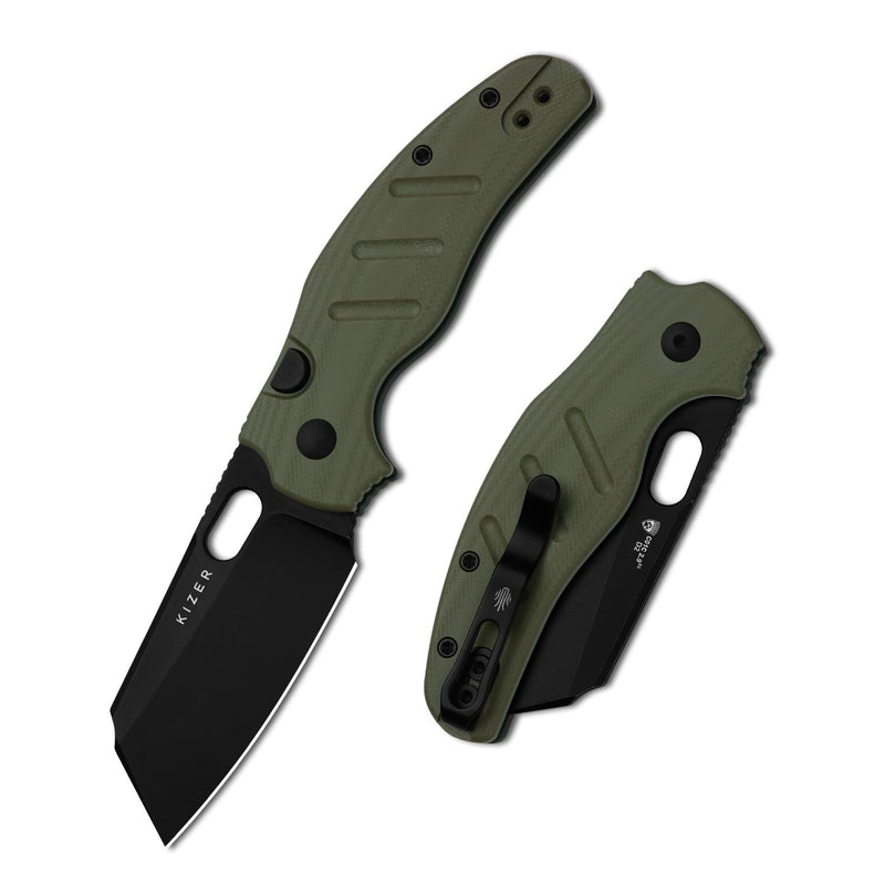 Kizer C01C 2.9 BS Sheepdog Pocket Knife, 2.95" D2 Blade Folding Knife with Olive Green G10 Handle, Button Liner Lock & Thumb Hole, Small EDC Knives for Camping Hiking Survival, V3488.29BSM1