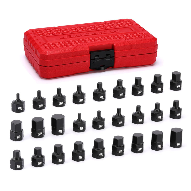 MIXPOWER 27-Piece 3/8" Drive Stubby Impact Hex Bit Socket Set,SAE/Metric, 5/32"-11/16",4mm-17mm, S2 Steel Air Drive Low Profile Allen Socket Set,Impact Grade,Anti-Roll Design 27 PCS 3/8"Drive:5/32"-11/16",4-17mm