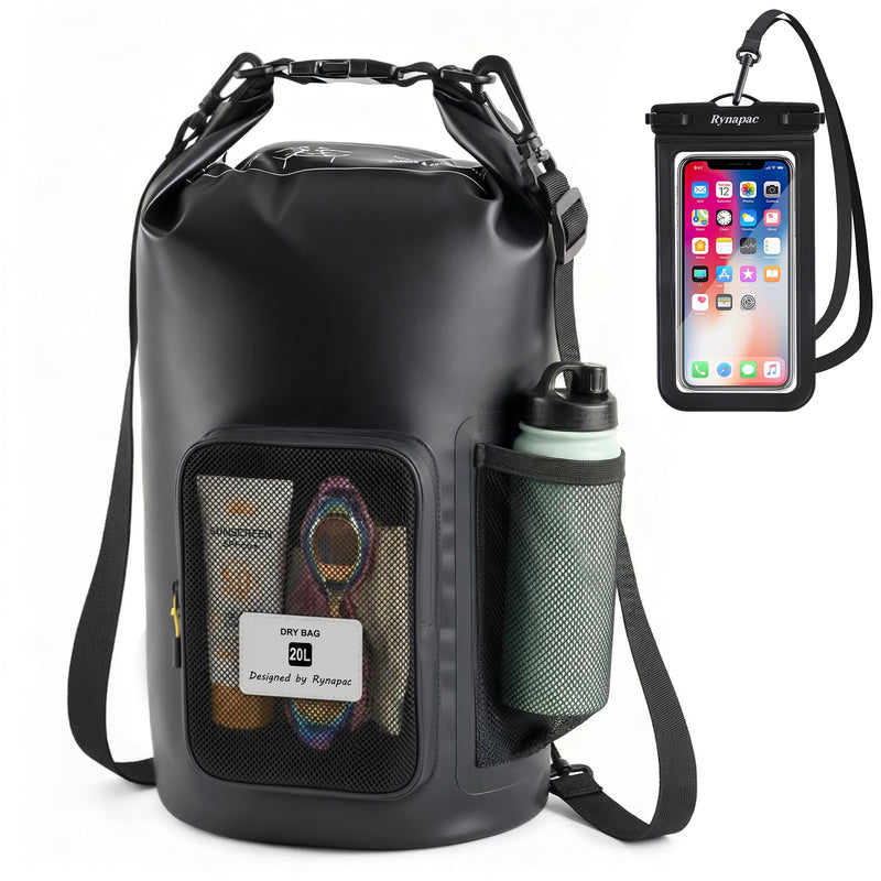 20L Waterproof Dry Bag with Bottle Holder & Mesh Pocket, 500D PVC Tarpaulin Roll Top Dry Sack with Inner Waterproof Adsorption Film, Large Dry Storage Bag for Kayaking, Camping, Beach, Boating Black - [Wirh Phone Pouch] 20L