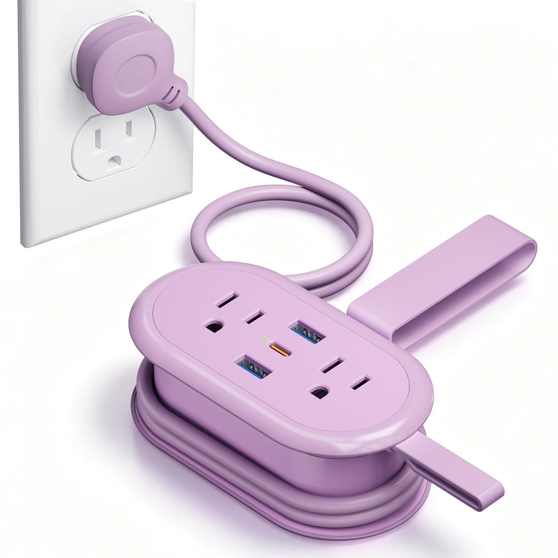 PD 20W Travel Power Strip 4 AC Outlets, 2 USB-A & 1 USB-C Ports | 4.6FT Wrapped Travel Extension Cord with Flat Plug, Cruise Approved Power Strip for Travel Hotel, No Surge Protection, Purple