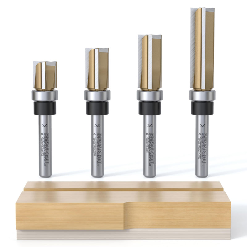 Professional Pattern Flush Trim Router Bits Set, 1/4" Shank Bottom Bearing, 3-Blade Carbide Tipped Woodworking Router Bits for Precision Edge Trimming, Cutting Length: 1/2", 3/4", 1", 1-1/2" 4PCS