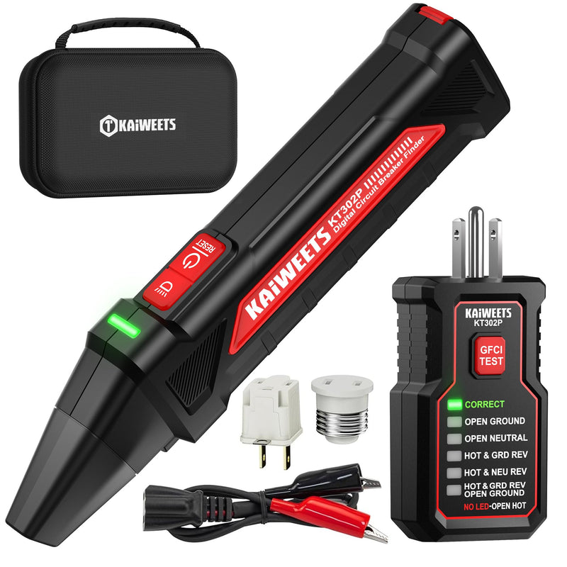 KAIWEETS Circuit Breaker Finder Tool Kit, GFCI Outlet Tester with Dual-Sided LED Indicators, Electrical Circuit Tracer Tool with Flashlight, Includes Carrying Case and Adapters- KT302P
