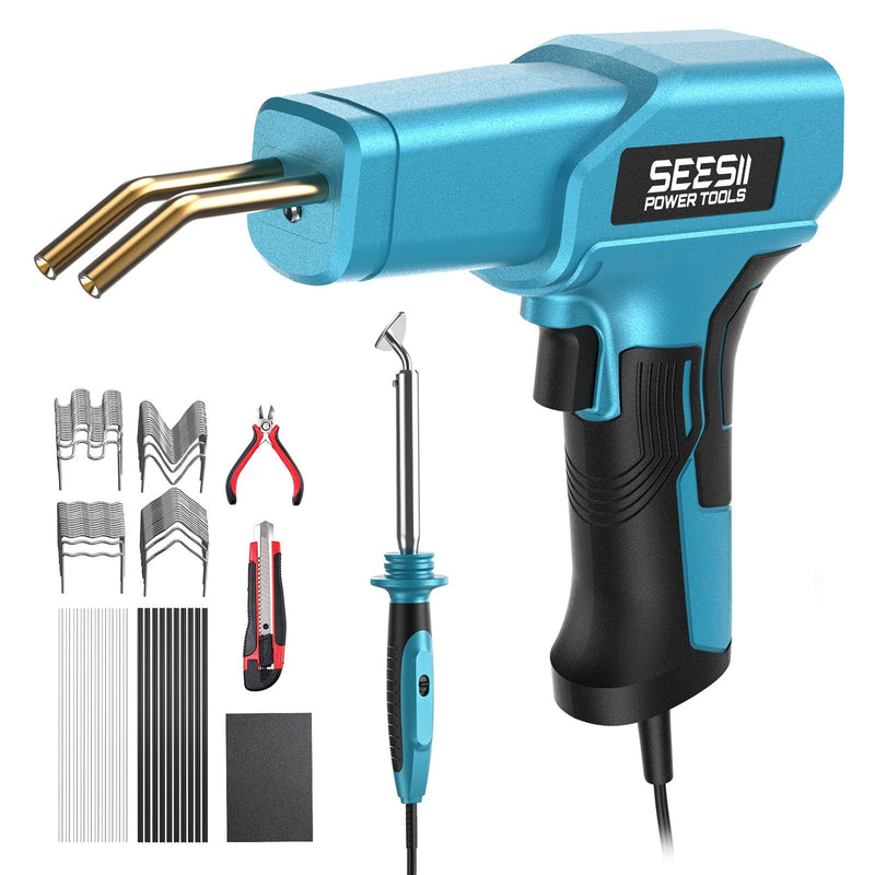 SEESII 150W Plastic Welder Welding Kit, 2 in 1 Hot Stapler Plastic Repair Kit with 60W Soldering Iron, Staples, 20PCS Plastic Rods & Pliers for Car Bumper Crack, Kayak, Dashboard, Plastic Toys Repair Blue