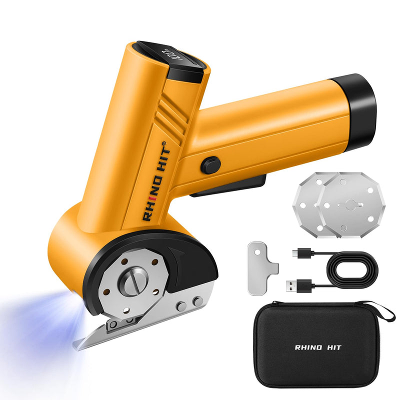 Cordless Electric Scissors, Rechargeable Rotary Cardboard Cutter with LED Light & Safety Lock, 4-Speed Adjustable, 3 Blades for Fabric, Carpet, Leather & Carton, with Storage Case(yellow) Yellow