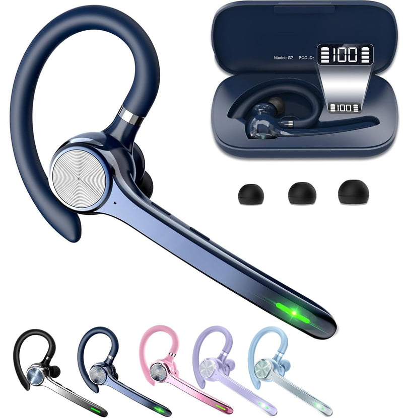 HEIBAS Bluetooth Headset, Wireless Earpiece with Mic for Work | 72H Playtime, 500mAh Charging Case, Hands-Free Calling with Mute Button for Work, Trucker, Office, Driving, iPhone, Blue