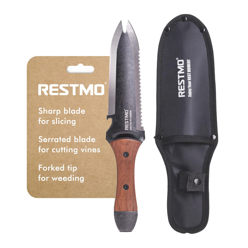 Restmo Professional Hori Hori Garden Knife with Sheath, Heavy Duty High-Strength Stainless Steel Blade & Dual-Tip Weeding Design, Full-Tang Construction with Depth Gauge for Gardening & Farm Use Double Head 2.2 Inch