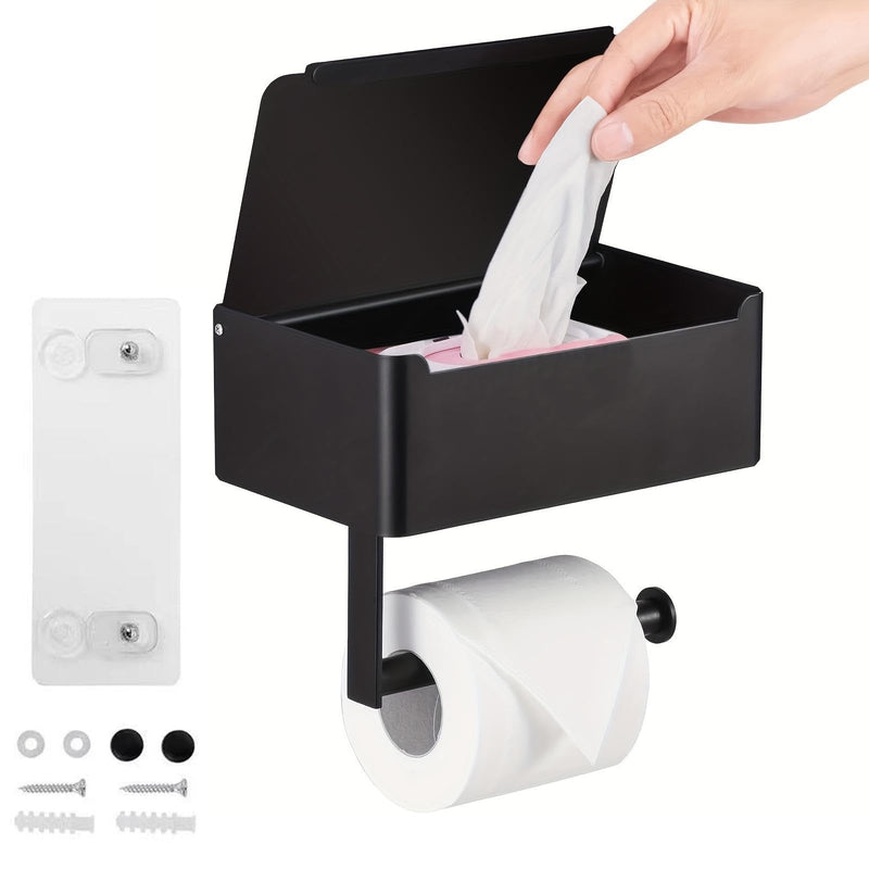 Toilet Paper Holder with Shelf,Rustproof Flushable Wipes Dispenser,Self Adhesive Drilling Toilet Paper Holder Wall Mount,Tissue Holders with Storage,Wipe Holders for Bathroom(Single roll) Single Roll