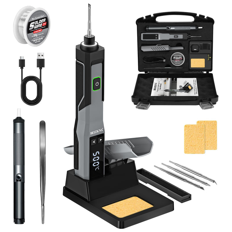 Soldering Iron Kit Cordless 5s Heating 14-in-1 Portable Soldering Iron with LED Display 392-932℉, Auto Sleep, Electric USB Rechargeable Wireless Welding Tool for Precision Repair DIY Grey