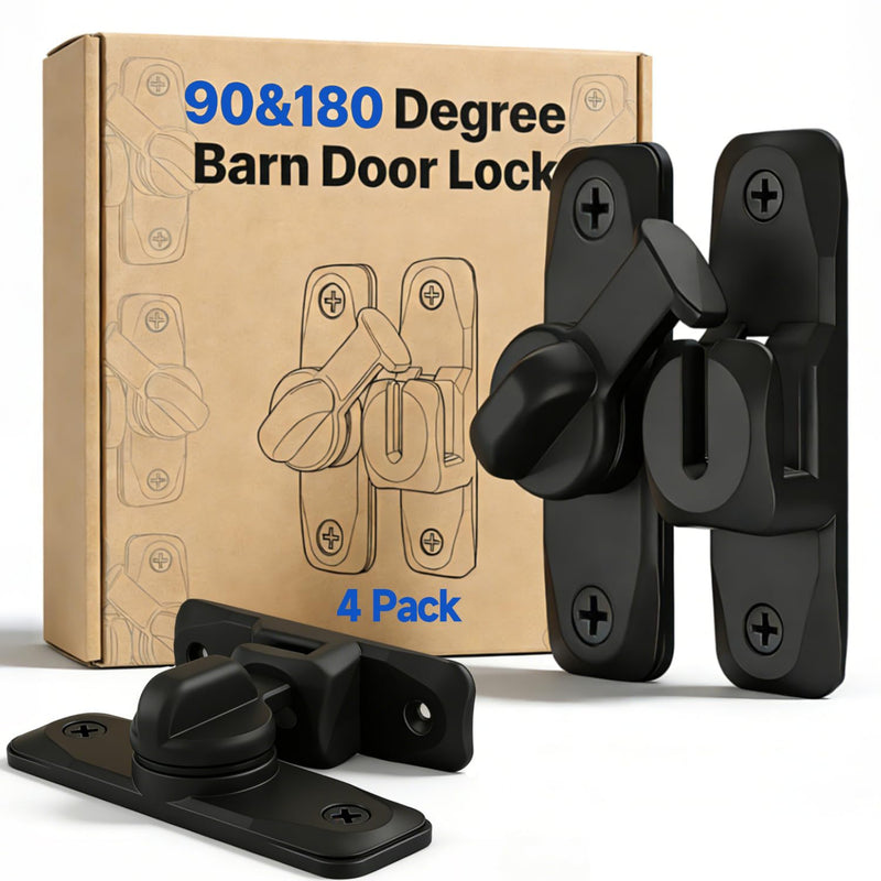 Barn Door Lock and Latche: Black 90/180 Degree Latch, Sliding Barn Door Locks, Small Sliding Gate Latch, Zinc-Alloy Bifold Door Latch for Cabinets, Bathroom, Window, Outdoor, Child Proof (4 Pack) 4 Pack