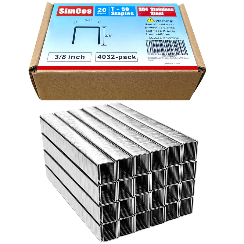 20 Gauge 304 Stainless Steel T/50 Staples - 3/8" Crown Upholstery Staples, 3/8" Leg Length, 4032-Counts, Compatible with Staple Gun & T-50 Stapler 3/8"--4032 pcs