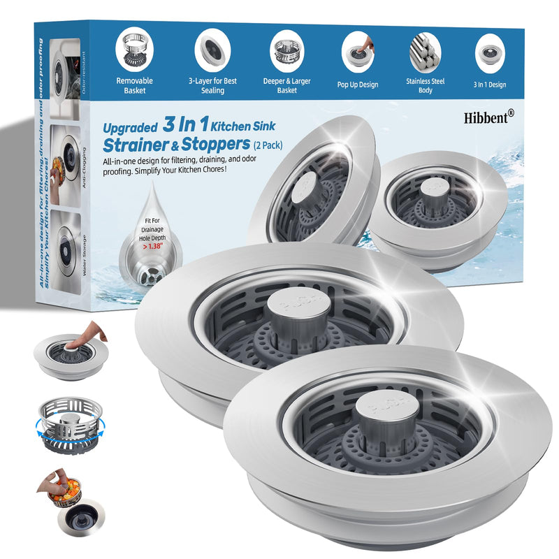 Hibbent Upgraded 2 Pack 3 in 1 Kitchen Sink Drain Strainer, Stainless Steel Pop Up Sink Stopper, Larger Anti-Clogging Basket, 3-Layer Seal, Detachable Plug for US Standard 3-1/2" Drain, Brushed Nickel