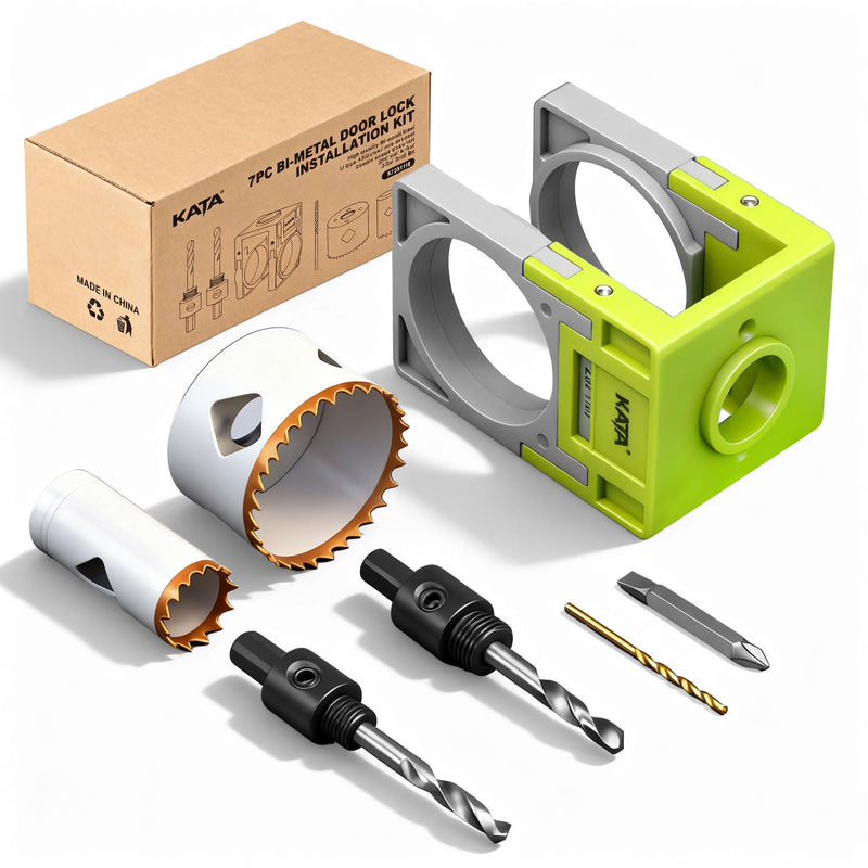 KATA Door Lock Installation Kit for Metal & Wood Doors, 1-3/8" to 1-3/4" Bi-Metal Hole Saw with Adjustable Guide Template, Installing Deadbolt and Knob, Extra Drill Bit & Screwdriver Bit Inclued Green/Grey
