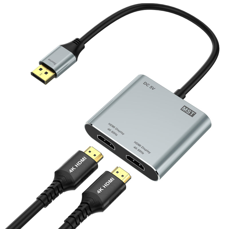 DisplayPort to Dual HDMI Adapter, 4K@60Hz HDMI Splitter Extended Display 1 in 2 Out MST Hub for Dual Monitors, Display Port to HDMI Splitter for PC, NVIDIA, AMD Graphic Card