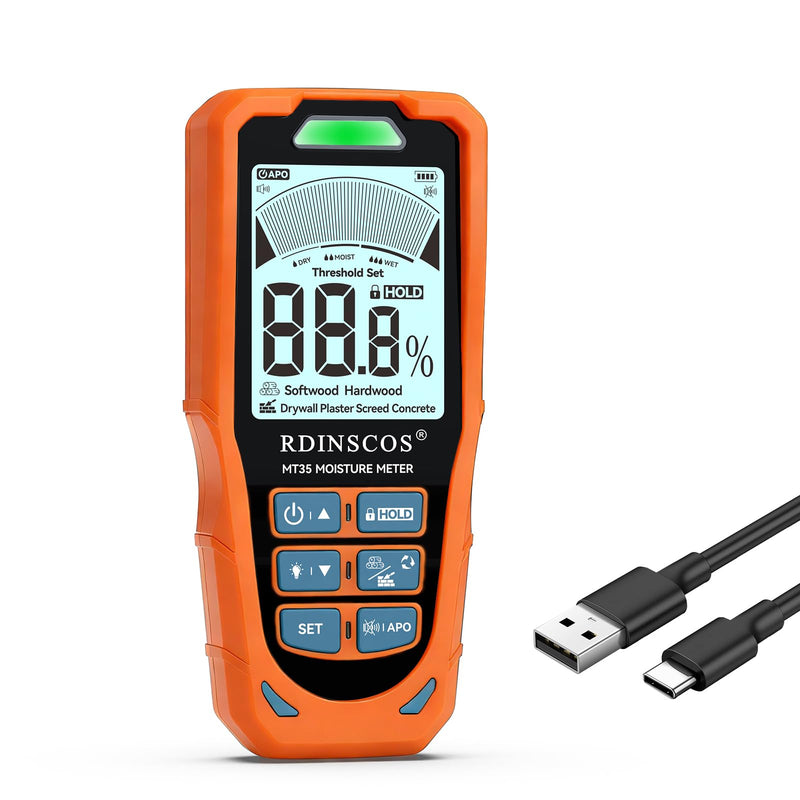 RDINSCOS Pinless Moisture Meter for Drywall & Wood 6-in-1 Moisture Tester | Non-Destructive Moisture Detector,For Wood, Drywall, Plaster, Concrete, Screed & Flooring, Audible Alarm,Rechargeable Orange-MT35