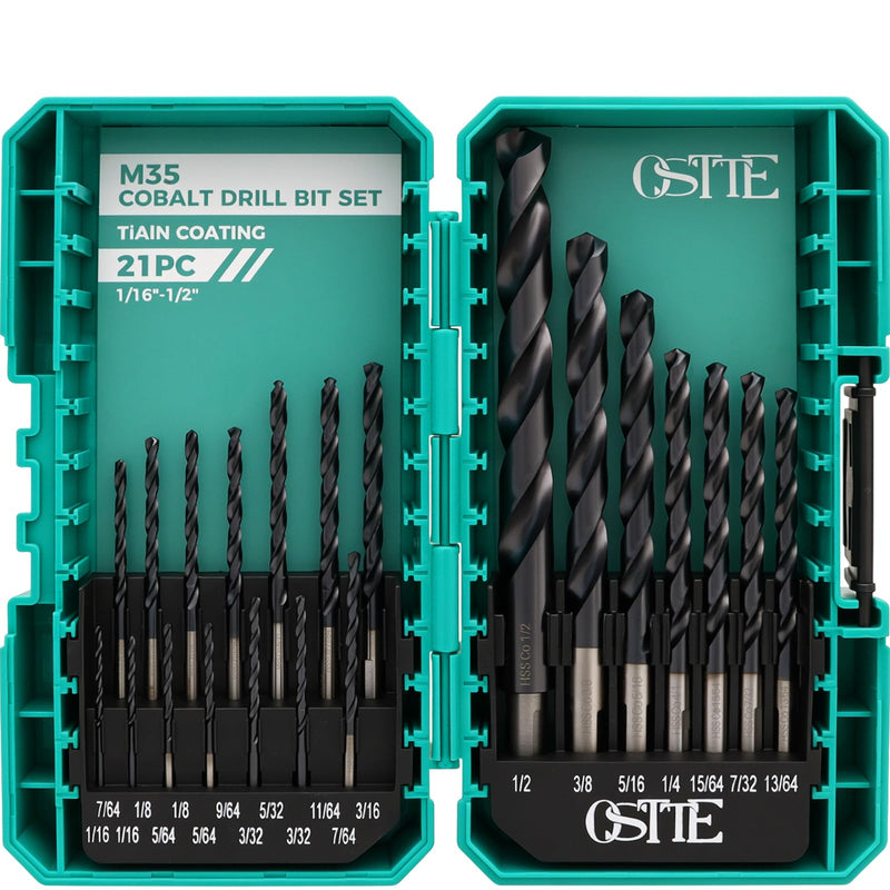 21Pcs M35 Cobalt Drill Bit Set (Pro), 1/16"-1/2", TiAlN Coat, 3-Flats Shank | 135° Split Point, Jobber Twist Metal Drill Bit Set with Storage Case, for Hardened Metal & Stainless Steel, Wood & Plastic 21 Piece