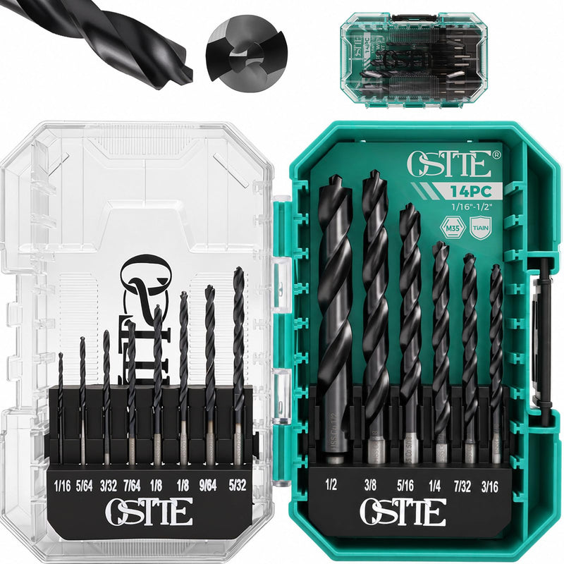 14 Pcs Cobalt Drill Bit Set (Pro), M35 Cobalt Drill Bit with Bullet Point Tip, Titanium Aluminum Nitride Coated (TiAlN), 3-Flats Shank, for Hardened Metal, Stainless Steel, Plastic, 1/16" - 1/2" 14 Piece