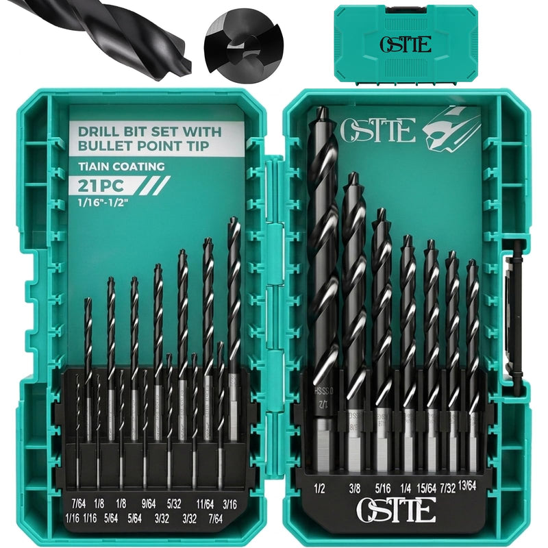 21Pcs M35 Cobalt Drill Bit Set (Pro), TiAlN with Bullet Point Tip | Metal Drill Bit Set with Index Storage Case, 3-Flats Shank for Hardened Metal, Stainless Steel, Plastic, Wood, 1/16"-1/2" ﻿ 21 Piece