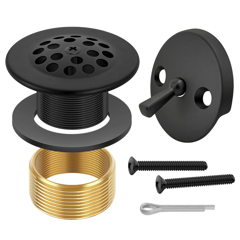 Matte Black Trip Lever Bathtub Drain Tub Trim Set with Trip Lever Overflow Face Plate and Strainer Bathroom Tub Drains Replacement Conversion Tub Drain Kit Assembly with Universal Fine & Coarse Thread Matt Black