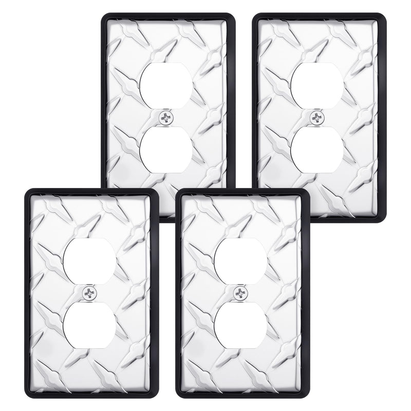 4 Pcs Diamond Plate Outlet Cover Polished Chrome 1 Gang Wall Plate Single Duplex Decorative Electrical Guard Durable Finish for Home Garage or Workshop