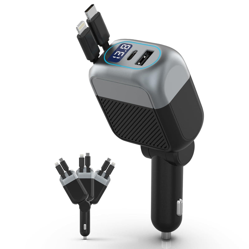 87W Retractable Car Charger, Cigarette Lighter USB Charger for iPhone 17 | 4-in-1 Car Phone Charger USB C Fast Charge Adapter for iPhone 17 16 15 14 13 12, Sumsung Travel Essentials Car Accessories USB C Cable / Lightning Cable