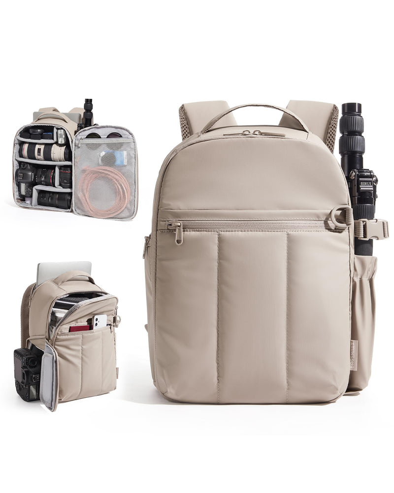 BAGSMART Small Camera Backpack for Women with Laptop Compartment, Brown | Puffy Camera Bags for Photographers, DSLR/SLR/Mirrorless Photography Camera Case, Water-resistant Travel Backpack