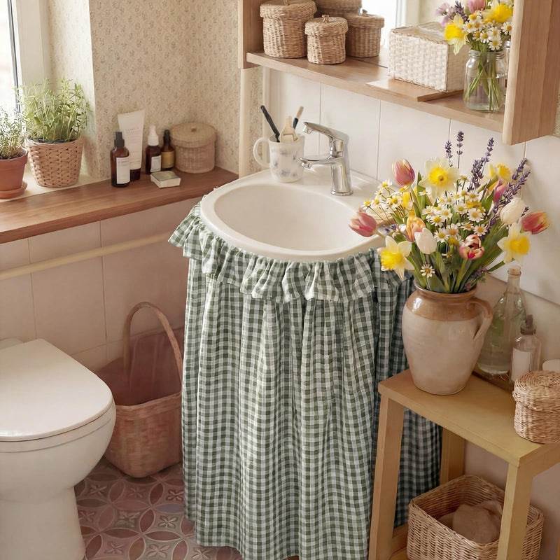 Green Ruffle Gingham Sink Skirt Self-Adhesive Bathroom Stitch Self Stick Adhesive Fabric Under Sink Curtain Skirt 55'' x 32'' for Bathroom Kitchen Laundry Utility Room Decor (32 x 55in) Green 32 x 55 in Plaid