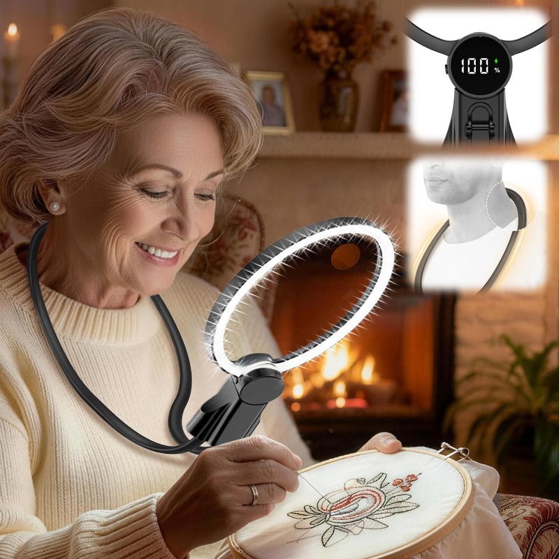 Hands Free Magnifying Glass with Light, 2500mAh Flat Strap Neck Magnifier with LED Display & 3 Color Light, 5X 15X Lighted Magnifying Glasses for Crafts Cross Stitch Sewing Reading, Low Vision Seniors