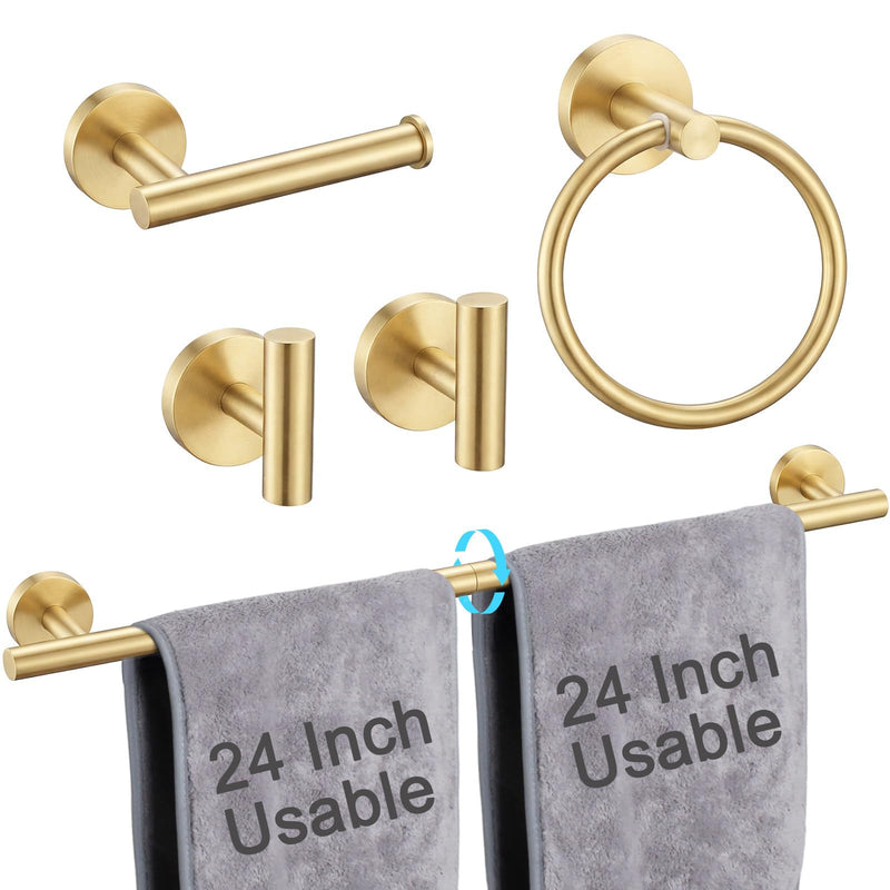 5-Piece Brushed Gold Bathroom Hardware Set, SUS304 Stainless Steel Wall Mounted Bathroom Accessories, 24 Inch Towel Bar, Towel Ring, Toilet Paper Holder, 2 Hooks, Rustproof Modern Bathroom Fixtures