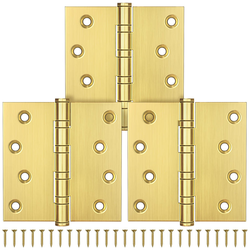 KOLET Ball Bearing Brushed Gold Door Hinges, 4 x 4 Inches Brass Gold Door Hinges, Square Corner, Stainless Steel Hinges, Heavy Duty, Smooth and Non Removable Pin, Brushed Gold, 3 Pack