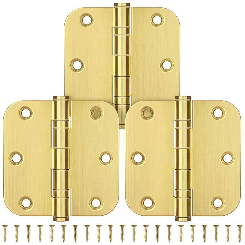KOLET Ball Bearing Gold Door Hinges, 3.5 Inches Brushed Gold Door Hinges, 5/8'' Radius Corner Heavy Duty Stainless Steel Hinges, Smooth and Quiet, Non Removable Pin, Brushed Gold, 3 Pack