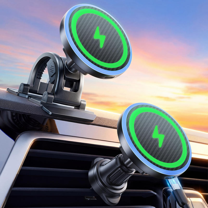 2-in-1 15W Magsafe Car Mount Charger, Magnetic Wireless Car Charger | 360° Dashboard & Air Vent Phone Mount, Phone Holders for Your Car, Car Accessories for Men Women for iPhone 17-12