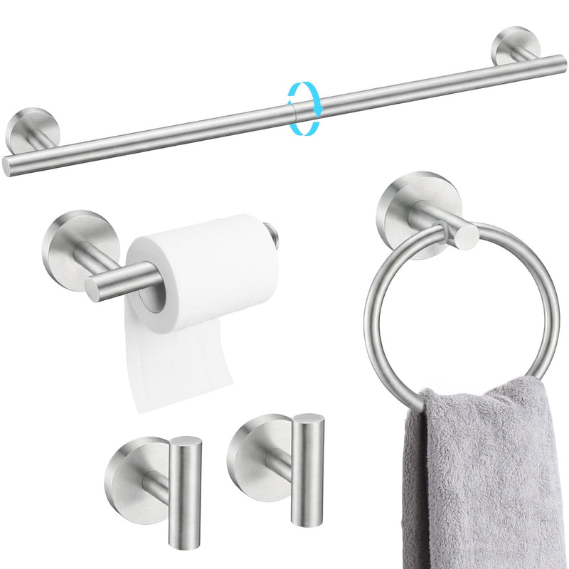 5-Piece Brushed Nickel Bathroom Hardware Set, SUS304 Stainless Steel Wall Mounted Bathroom Accessories, 24 Inch Towel Bar, Towel Ring, Toilet Paper Holder, 2 Hooks, Rustproof Modern Bathroom Fixtures