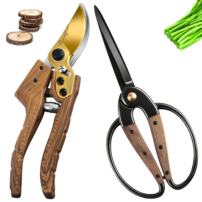 2Pack Garden Pruning Shears Set: Ultra Sharp SK5 Blade Gardening Shears & Precision Garden Scissors,Wood Like&Wide Walnut Ergonomic Handle,Perfect for Plant,Bonsai,Shrub,floral,Branch Trimming