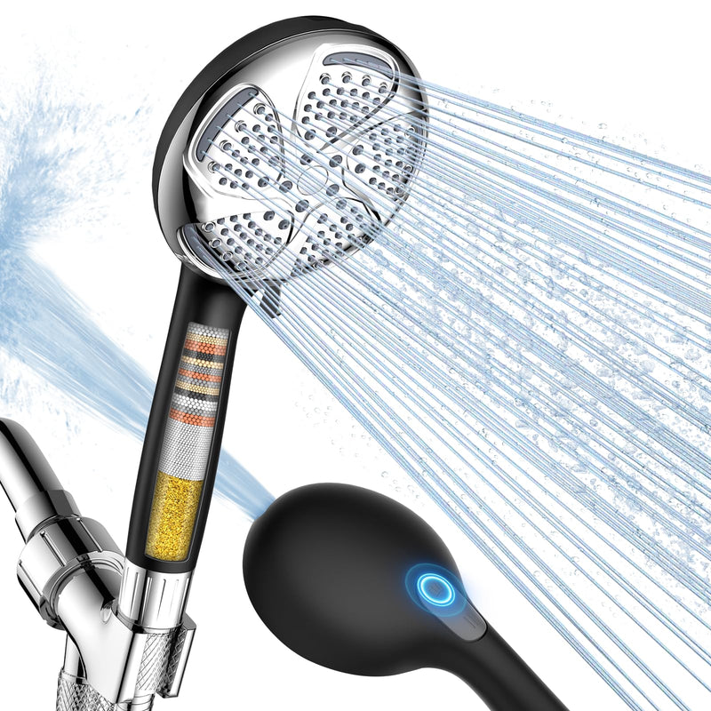 Filtered Shower Head with Handheld, High Pressure 7 Mode ShowerHead with Filters for Hard Water, Anti-clog Nozzles, Built-in Power Wash to Clean, Remove Chlorine - Reduce Dry Itchy Skin Black+Chrome