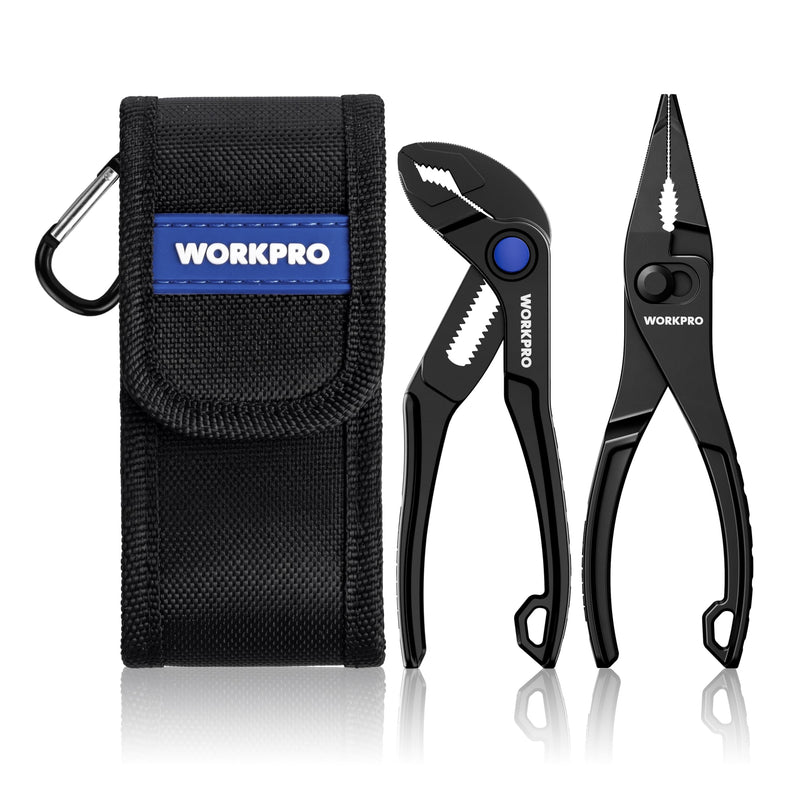 WORKPRO 2-Piece Mini Pliers Set with Pouch, 4-Inch Water Pump Plier & 4.5-Inch Long Nose Slip Joint Plier, Heavy-Duty Alloy Steel Mini Adjustable Plier, EDC Pliers for Tight Spaces & Versatile Use Black 2PCS-Long Nose & Water Pump Pliers