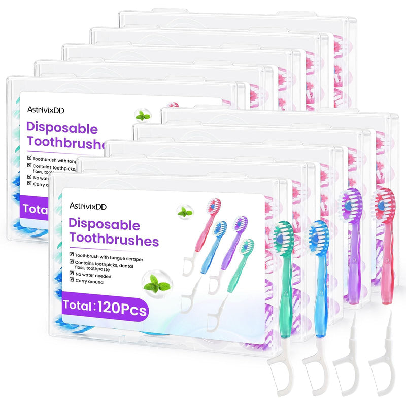 120 Pack 5-in-1 Mini Toothbrush Disposable, Waterless Disposable Toothbrushes with Toothpaste, Floss, Tongue Scraper, Toothpick, Prepasted Toothbrushes for Travel Hotel 120 Pack