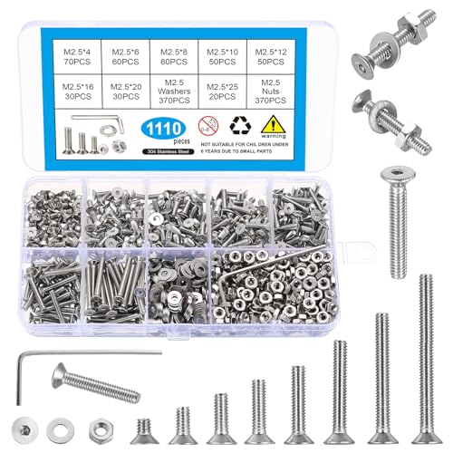 1110 Pcs M2.5 Screws Set, Metric Screw Assortment, Flat Metric Machine Screw Assortment, Countersunk Bolts and Nuts Set, 304 Stainless Steel Flat Head Hex Socket Cap Screws Bolts with Washers 1110