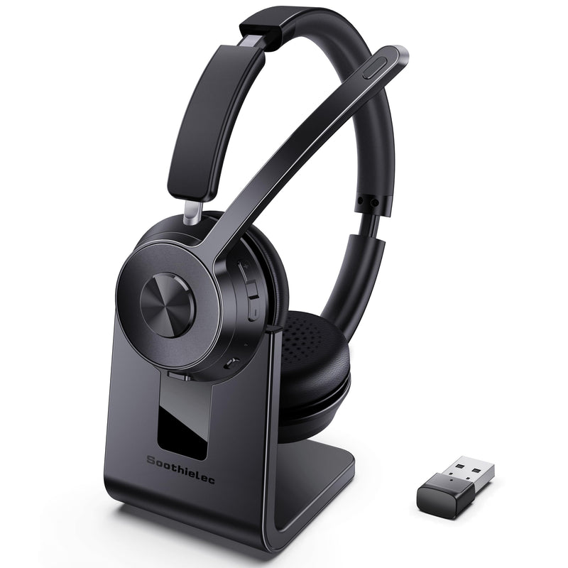 Wireless Headset with Mic for Work, Bluetooth Headset with Noise Cancelling | Headphones with Microphone Mute & USB Dongle for PC/Computer/Laptop/Cell Phones/Remote Work/Call Center (Black) Black