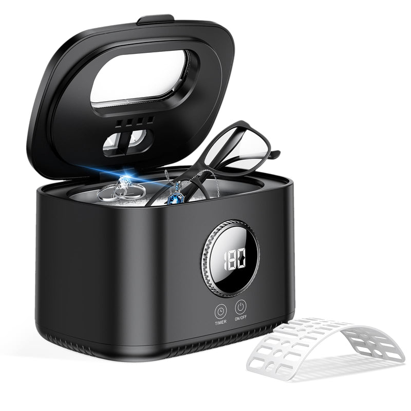 47kHz Ultrasonic Jewelry Cleaner Machine for Glasses, Eyeglasses, Rings | 600ml Stainless Steel Tank , Digital Timer, 5 Modes and UV Light for All Jewelry, Eyeglasses, Dentures, Retainers Light Black
