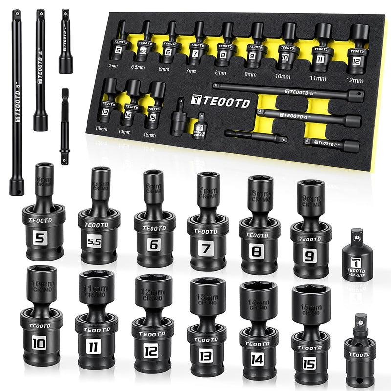 18 PCS 1/4-Inch Drive Swivel Socket Set, Metric Universal Impact Socket Set, 6-Point, 5-15mm, CR-MO Flexible Wobble Sockets,with 2" 4" 6" Extension Bars and Adapter 18 PCS 1/4" Metric Swivel Socket