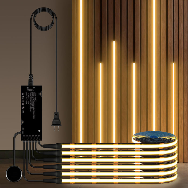 6-in-1 Black PCB COB LED Strip Light,12V Touch Dimable LED Recessed Lighting Kit,3.3Ft Self-Adhesive Under Cabinet Lighting 3000K with 36W Adapter for Wood Slat Wall Panels, Headboards, Cabinet,Shelf Warm White-3000K 6 Roll 3.3Ft