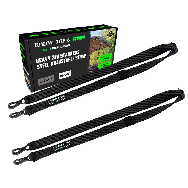 Boat Bimini Top Straps 2 PCS Adjustable Straps with SS 316 Black Plating Hooks 24"~60" Marine Black Nylon Embroidery Webbing Strap,1000LB Break Limit
