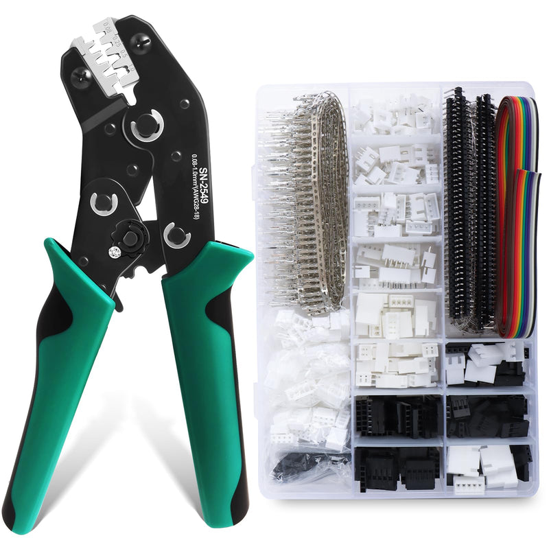 SN-2549 Dupont Crimper, 1290PCS 2.54mm Dupont Connector Kit with Ratcheting Open Barrel Terminal Crimping Tool, 28-18 AWG, White & Black Housings, Male Female Terminals, Headers & Ribbon Cable