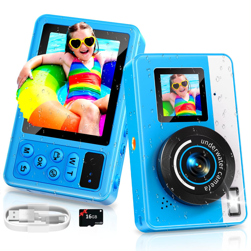 Maxmango D70 4K Underwater Digital Camera - 48MP 10FT Waterproof Camera for Snorkeling - Dual Screen Selfie Compact Floatable Camera with 16GB Card - Point and Shoot Digital Cam 1200mAh Battery -Blue Blue