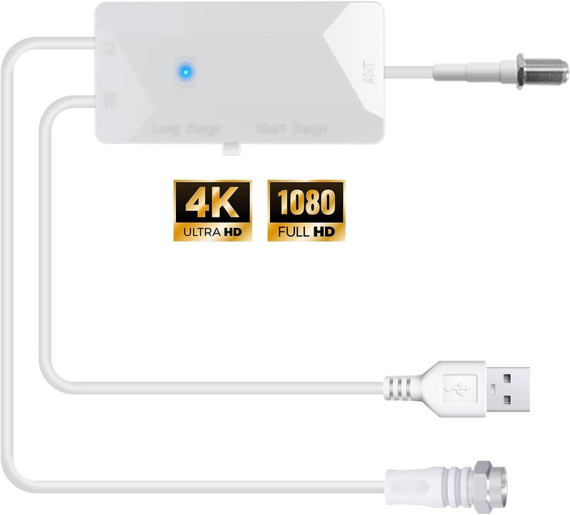 TV Antenna Amplifier, 25dB High Gain Signal Booster for Digital TV Antenna Indoor Outdoor, USB Cable Power Supply (White)