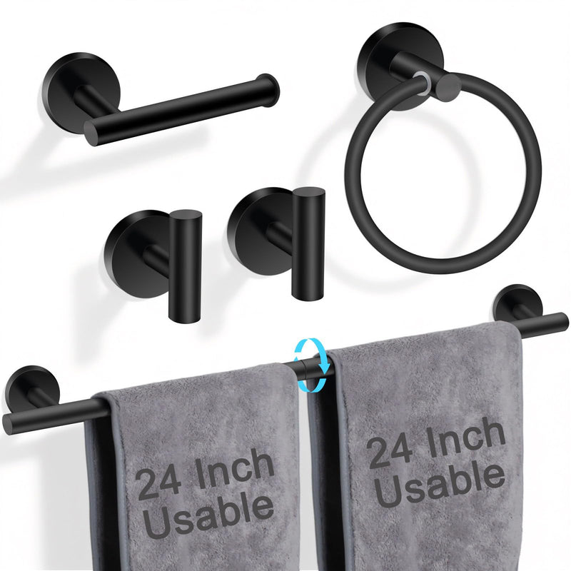 5-Piece Matte Black Bathroom Hardware Set, SUS304 Stainless Steel Wall Mounted Bathroom Accessories, 24 Inch Towel Bar, Towel Ring, Toilet Paper Holder, 2 Hooks, Rustproof Modern Bathroom Fixtures