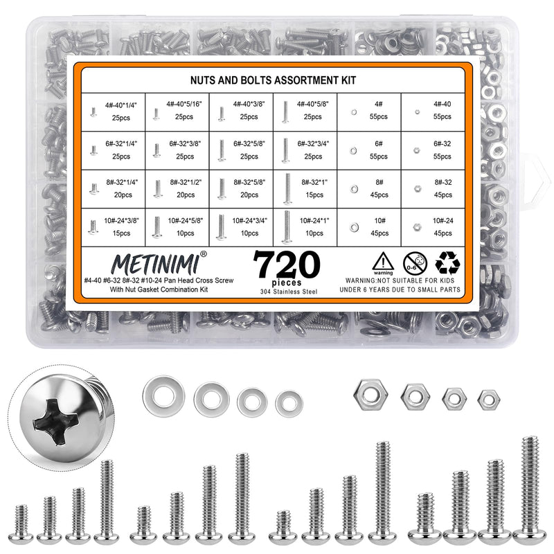 Stainless Steel Nuts and Bolts Assortment Kit, 720PCS Machine Screw #10-24#8-32#6-32#4-40 Silver Phillips Pan Head Assorted Screw Set with Nuts and Flat Washers, Hardware Assortment with Case 720PCS #10-24#8-32#6-32#4-40
