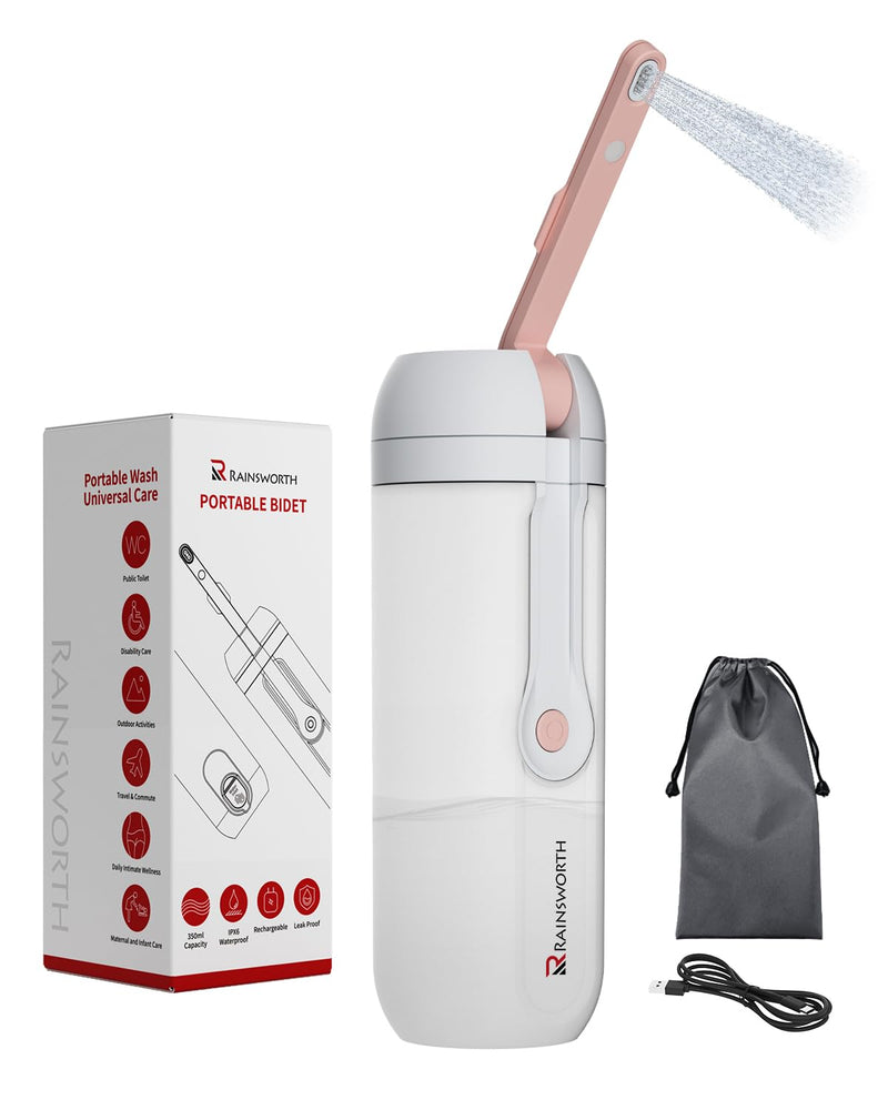 Rainsworth Portable Electric Bidet for Travel, 350ML Large Capacity, Rechargeable 1600mAh with Adjustable Nozzle, Dual Flow Modes, IPX6 Waterproof, Personal Cleaner for Women & Men, Travel, Commute Pink