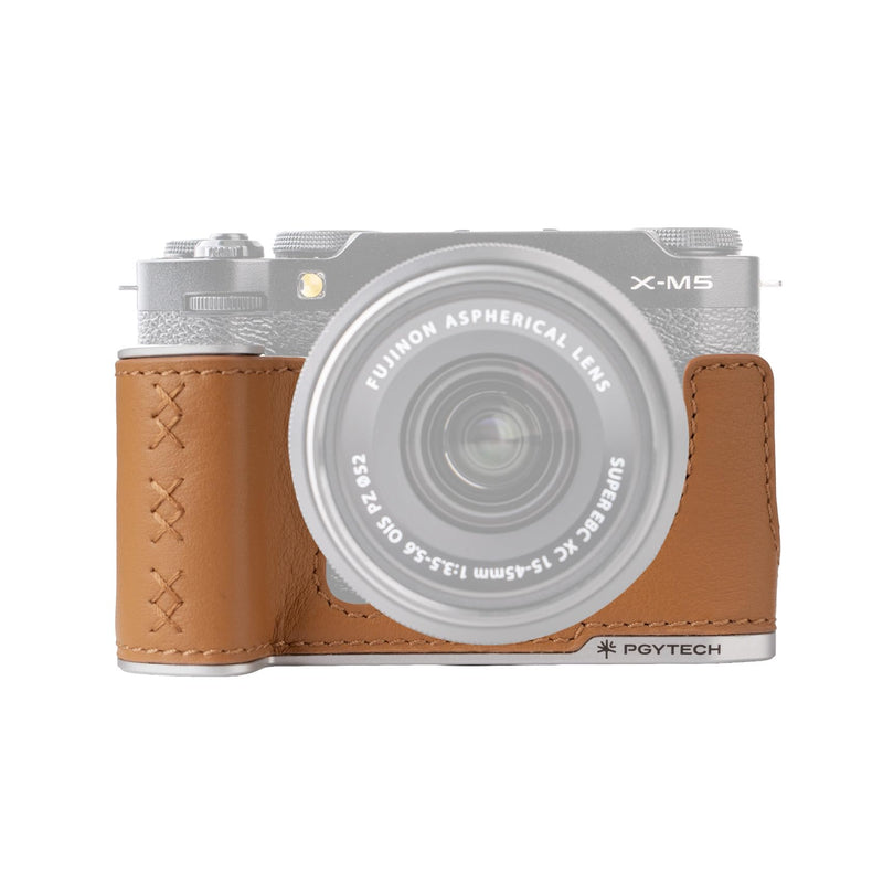 PGYTECH Genuine Leather Camera Half Case for FUJIFILM X-M5 | Clay Brown Retro Style Leather Protector with Integrated Grip Handle, Aluminum Alloy Base & SD Card Slot
